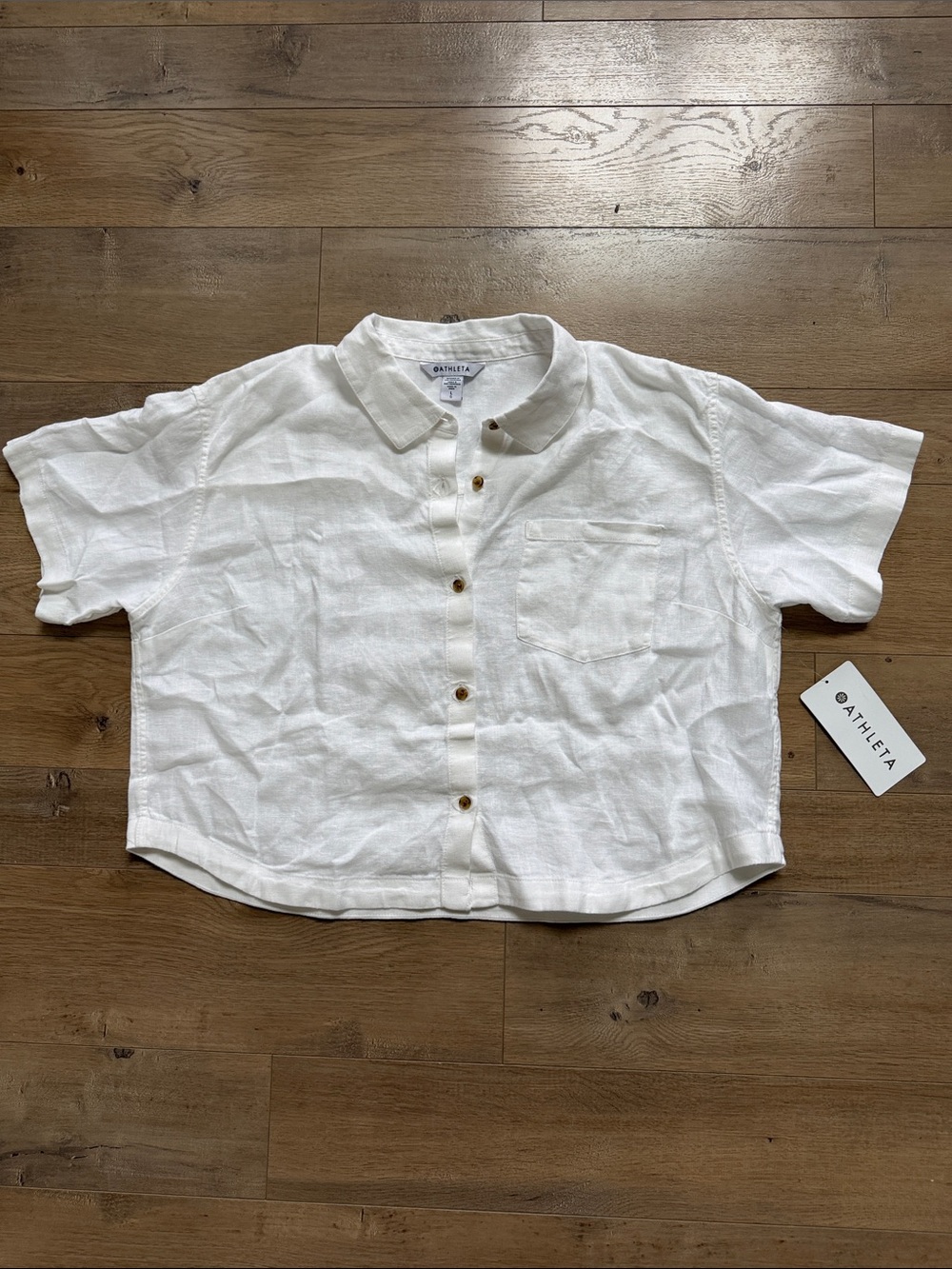 Athleta White Short-Sleeve Linen Button-Front Top